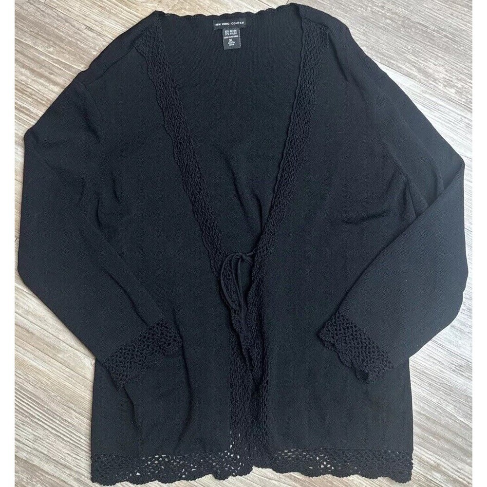 New York & Company Open Front Cardigan Sweater Crochet Black Women's Size XL